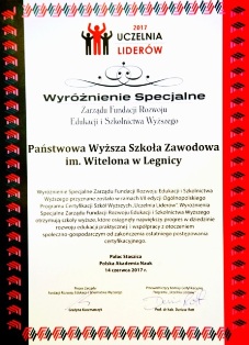 PWSZ im. Witelona w Legnicy „Uczelnią Liderów 2017” i z „Wyróżnieniem Zarządu 2017”