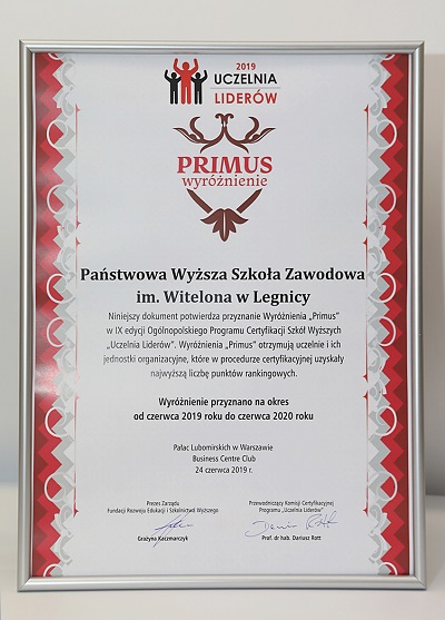 Państwowa Wyższa Szkoła Zawodowa im. Witelona w Legnicy Uczelnią Liderów 2019 Państwowa Wyższa Szkoła Zawodowa im. Witelona w Legnicy Uczelnią Liderów 2019