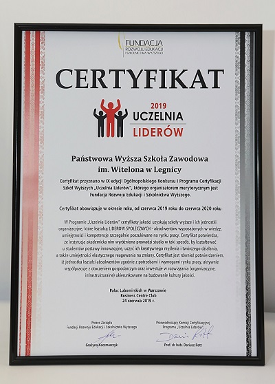 Państwowa Wyższa Szkoła Zawodowa im. Witelona w Legnicy Uczelnią Liderów 2019 Państwowa Wyższa Szkoła Zawodowa im. Witelona w Legnicy Uczelnią Liderów 2019