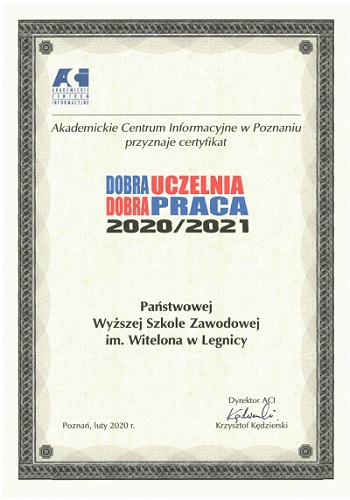 PWSZ im. Witelona w Legnicy z certyfikatem Dobra Uczelnia - Dobra Praca 2020/2021 PWSZ im. Witelona w Legnicy z certyfikatem Dobra Uczelnia - Dobra Praca 2020/2021