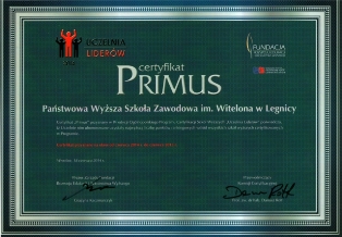 Certyfikat „Uczelnia Liderów 2014 ” i wyróżnienie „Primus” dla PWSZ im. Witelona w Legnicy Certyfikat „Uczelnia Liderów 2014 ” i wyróżnienie „Primus” dla PWSZ im. Witelona w Legnicy