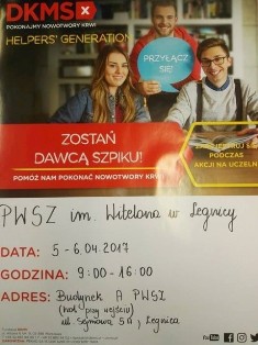 W PWSZ im. Witelona w Legnicy poszukują dawców szpiku ! W PWSZ im. Witelona w Legnicy poszukują dawców szpiku !