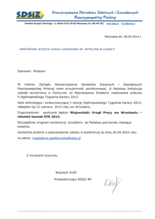 Nasza Uczelnia wyróżniona przez Stowarzyszenie Doradców Szkolnych i Zawodowych Rzeczypospolitej Polskiej Nasza Uczelnia wyróżniona przez Stowarzyszenie Doradców Szkolnych i Zawodowych Rzeczypospolitej Polskiej